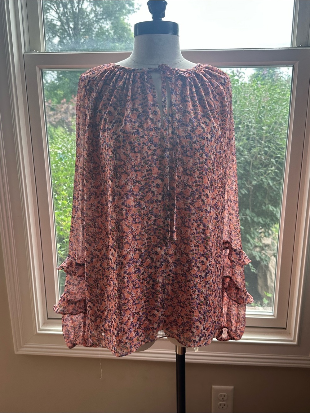 Ramy Brook Peach-Pink Floral Tie-Neck Blouse